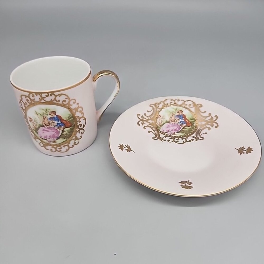 Vintage Lefton China Tea Cup Saucer Dish Victorian Scene Gold Rim Pink 3.5″ 5019